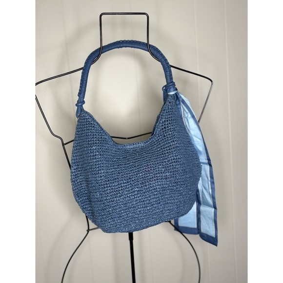 Madewell The Camren Blue Straw Bag Purse Leather Trim Distant Ocean Charm Scarf - Picture 6 of 9